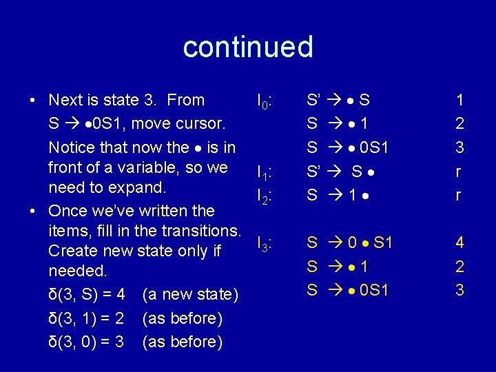 continued • Next is state 3. From S 0 S 1, move cursor. Notice