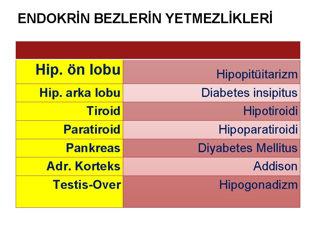 ENDOKRİN BEZLERİN YETMEZLİKLERİ Hip. ön lobu Hip. arka lobu Tiroid Paratiroid Pankreas Adr. Korteks