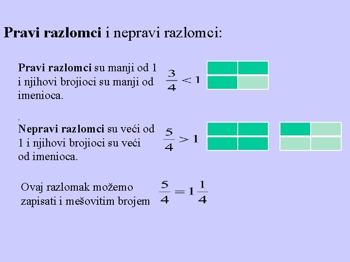 Pravi razlomci i nepravi razlomci: Pravi razlomci su manji od 1 i njihovi brojioci