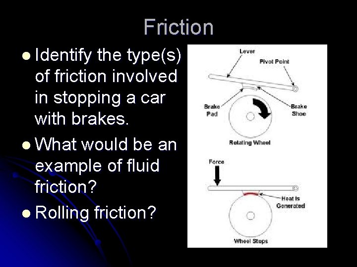 Friction l Identify the type(s) of friction involved in stopping a car with brakes.