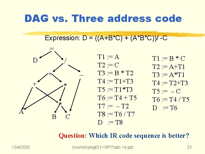 DAG vs. Three address code Expression: D = ((A+B*C) + (A*B*C))/ -C = D DAG vs. Three address code Expression: D = ((A+B*C) + (A*B*C))/ -C = D