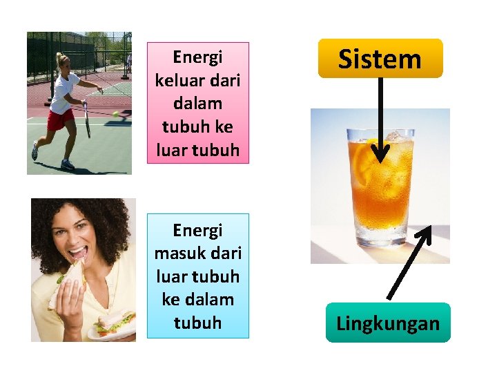 Energi keluar dari dalam tubuh ke luar tubuh Energi masuk dari luar tubuh ke