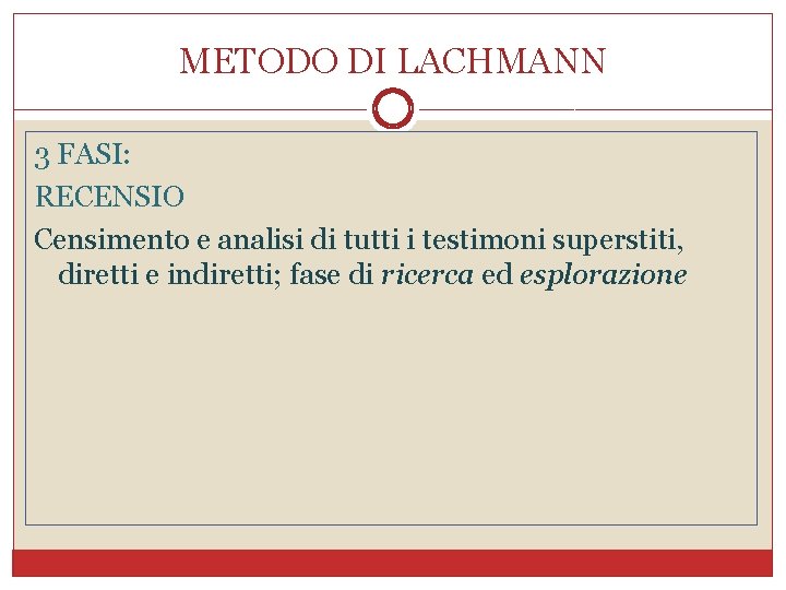 METODO DI LACHMANN 3 FASI: RECENSIO Censimento e analisi di tutti i testimoni superstiti,