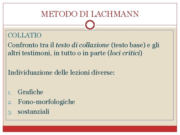 METODO DI LACHMANN COLLATIO Confronto tra il testo di collazione (testo base) e gli