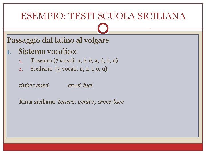 ESEMPIO: TESTI SCUOLA SICILIANA Passaggio dal latino al volgare 1. Sistema vocalico: 1. 2.