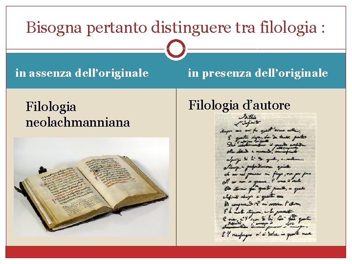 Bisogna pertanto distinguere tra filologia : in assenza dell’originale Filologia neolachmanniana in presenza dell’originale