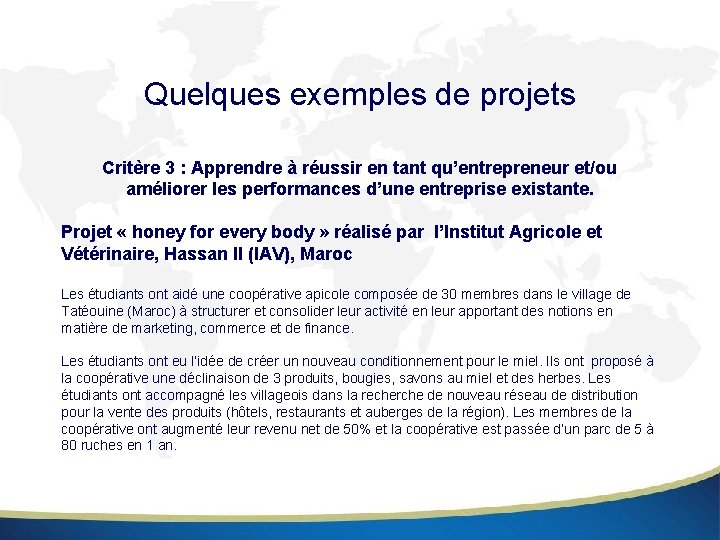 Quelques exemples de projets Critère 3 : Apprendre à réussir en tant qu’entrepreneur et/ou