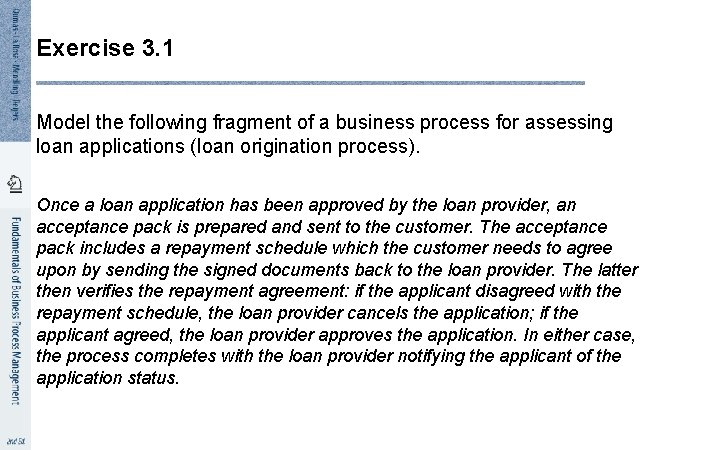 Exercise 3. 1 Model the following fragment of a business process for assessing loan