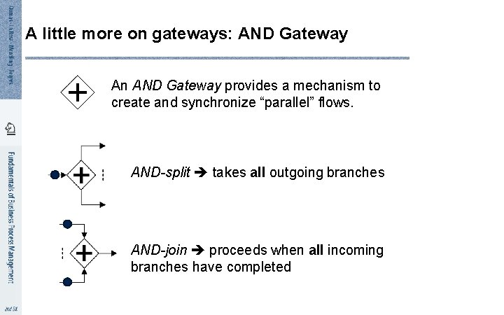 A little more on gateways: AND Gateway An AND Gateway provides a mechanism to