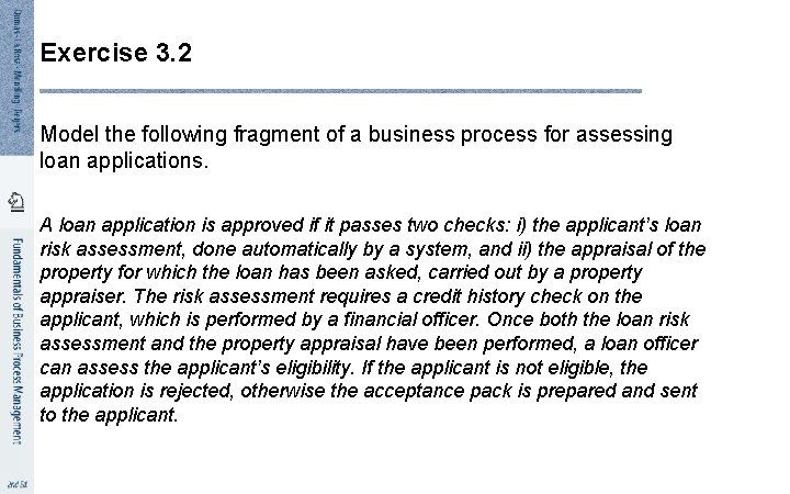 Exercise 3. 2 Model the following fragment of a business process for assessing loan