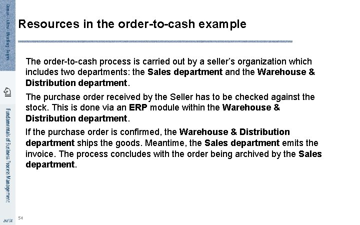 Resources in the order-to-cash example The order-to-cash process is carried out by a seller’s