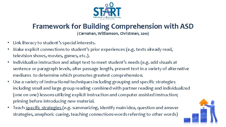 Framework for Building Comprehension with ASD (Carnahan, Williamson, Christman, 2011) • Link literacy to