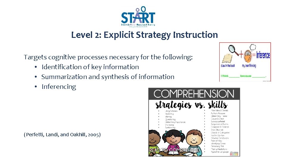 Level 2: Explicit Strategy Instruction Targets cognitive processes necessary for the following: • Identification