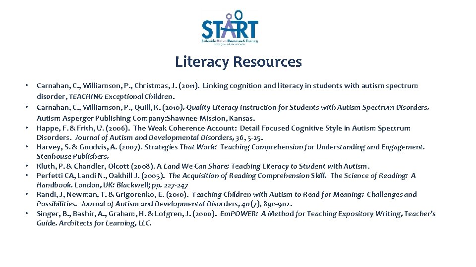 Literacy Resources • • Carnahan, C. , Williamson, P. , Christmas, J. (2011). Linking