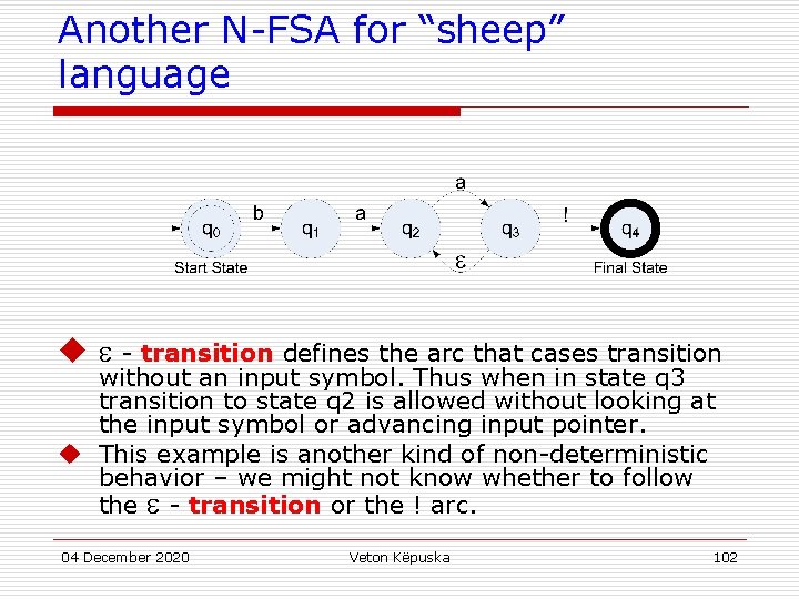 Another N-FSA for “sheep” language u - transition defines the arc that cases transition