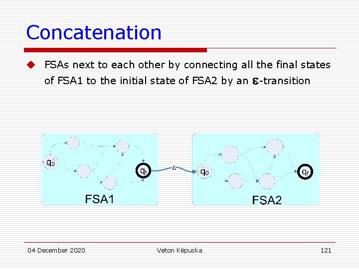 Concatenation u FSAs next to each other by connecting all the final states of