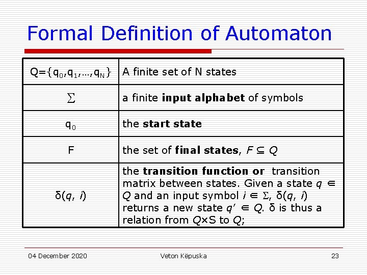 Formal Definition of Automaton Q={q 0, q 1, …, q. N} A finite set