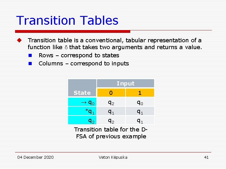 Transition Tables u Transition table is a conventional, tabular representation of a function like