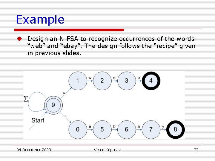 Example u Design an N-FSA to recognize occurrences of the words “web” and “ebay”.