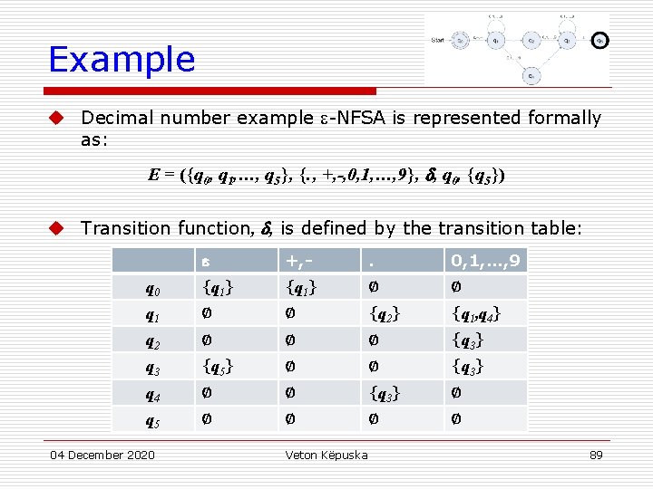 Example u Decimal number example -NFSA is represented formally as: E = ({q 0,