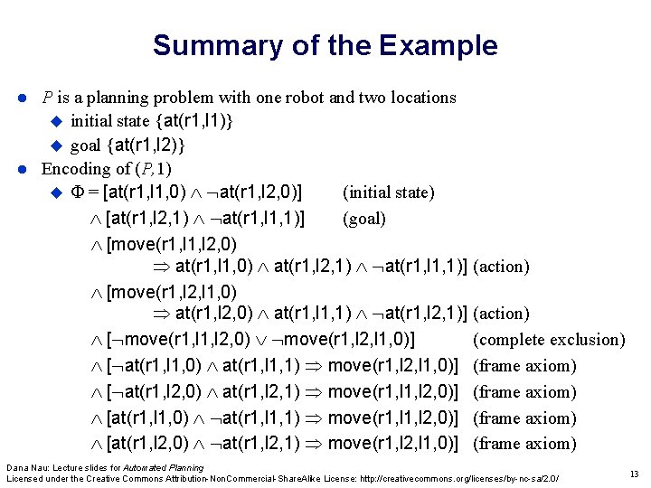 Summary of the Example P is a planning problem with one robot and two