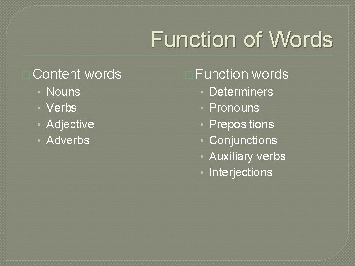 Function of Words � Content words • • Nouns Verbs Adjective Adverbs � Function