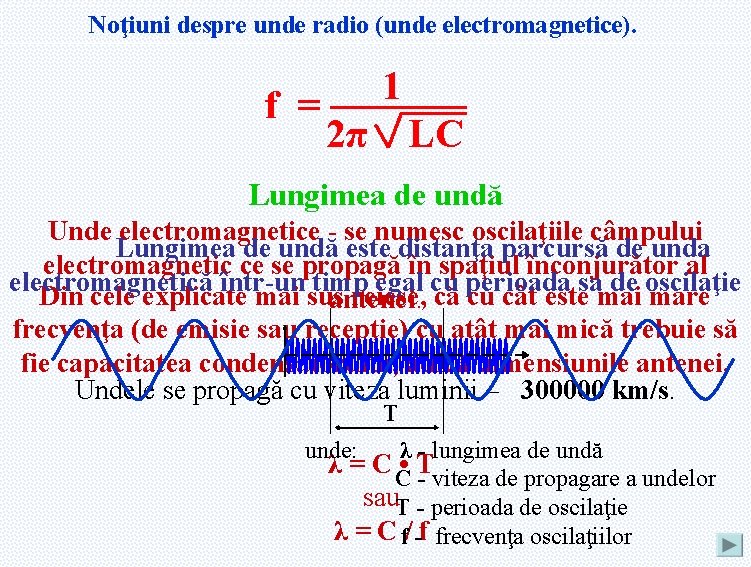 Noţiuni despre unde radio (unde electromagnetice). f = 1 2π LC Lungimea de undă