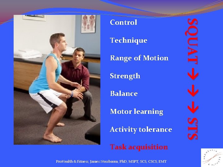 Technique Range of Motion Strength Balance Motor learning Activity tolerance Task acquisition Pro. Health