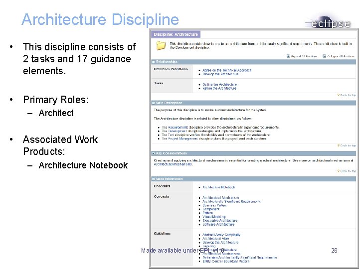 Architecture Discipline • This discipline consists of 2 tasks and 17 guidance elements. • Architecture Discipline • This discipline consists of 2 tasks and 17 guidance elements. •