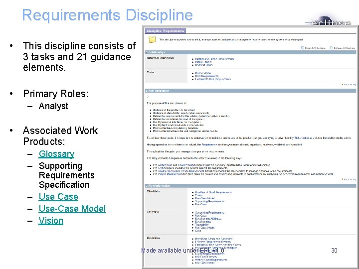 Requirements Discipline • This discipline consists of 3 tasks and 21 guidance elements. • Requirements Discipline • This discipline consists of 3 tasks and 21 guidance elements. •