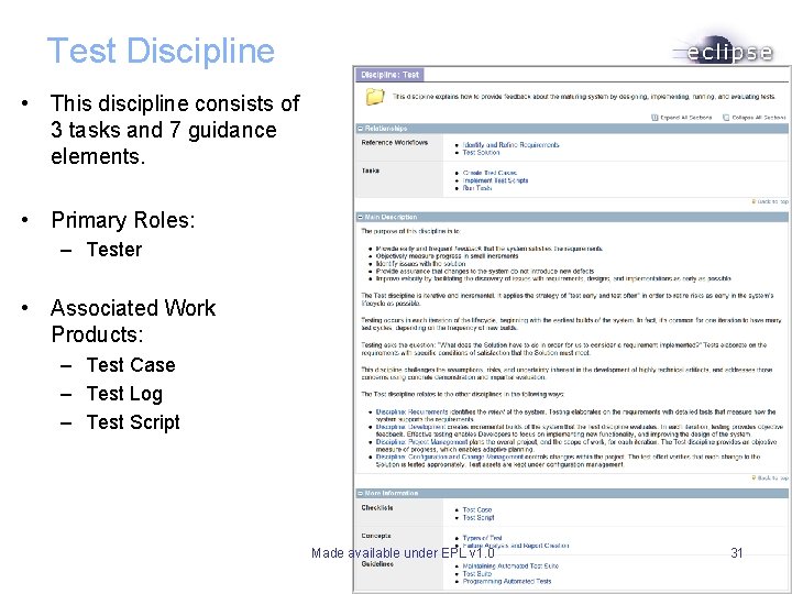 Test Discipline • This discipline consists of 3 tasks and 7 guidance elements. • Test Discipline • This discipline consists of 3 tasks and 7 guidance elements. •