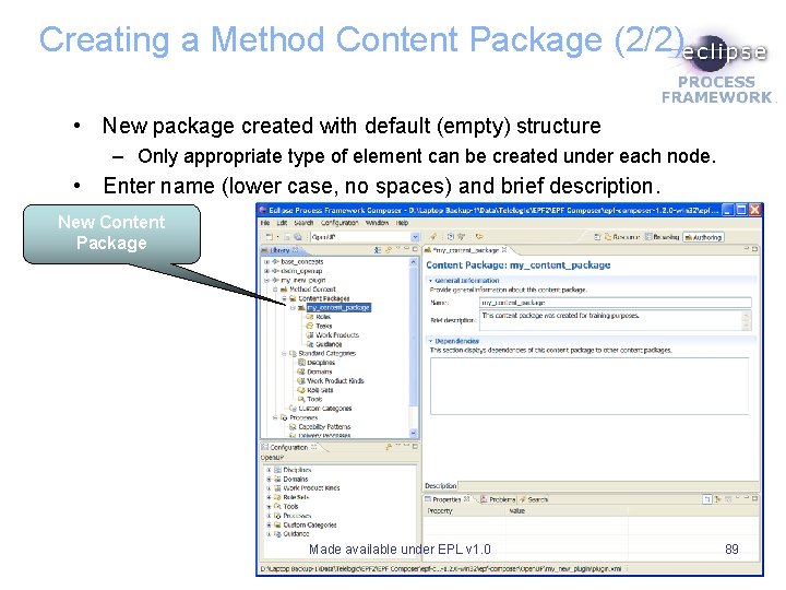 Creating a Method Content Package (2/2) • New package created with default (empty) structure Creating a Method Content Package (2/2) • New package created with default (empty) structure