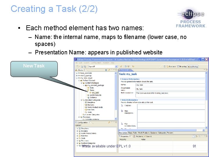 Creating a Task (2/2) • Each method element has two names: – Name: the Creating a Task (2/2) • Each method element has two names: – Name: the