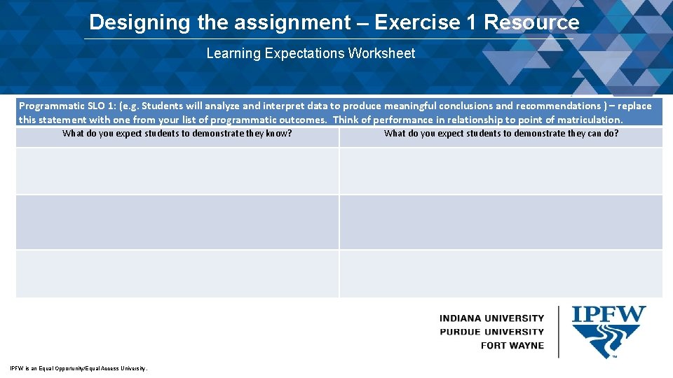 Designing the assignment – Exercise 1 Resource Learning Expectations Worksheet Programmatic SLO 1: (e.