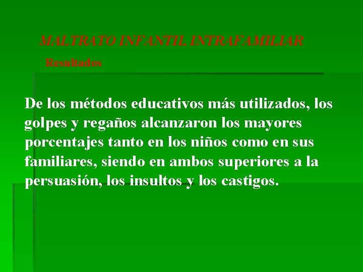 MALTRATO INFANTIL INTRAFAMILIAR Resultados De los métodos educativos más utilizados, los golpes y regaños