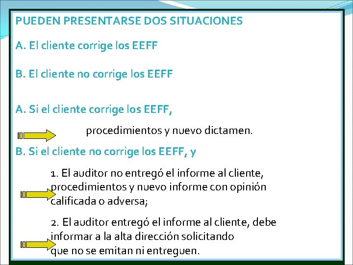 PUEDEN PRESENTARSE DOS SITUACIONES A. El cliente corrige los EEFF B. El cliente no