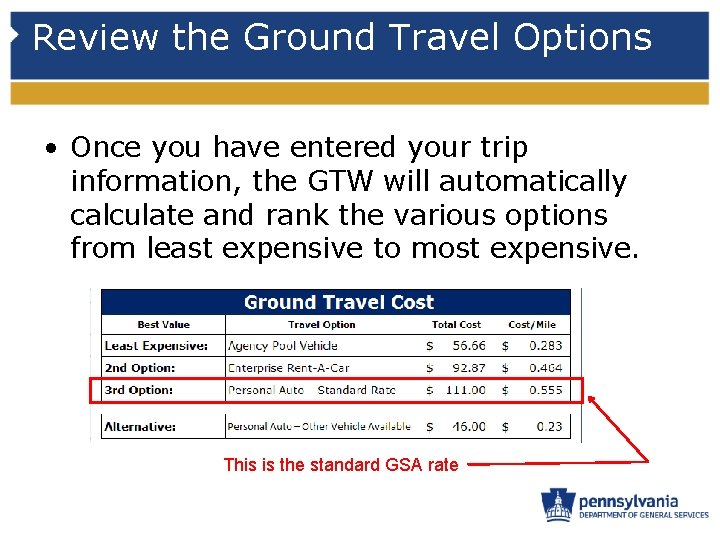 Review the Ground Travel Options • Once you have entered your trip information, the