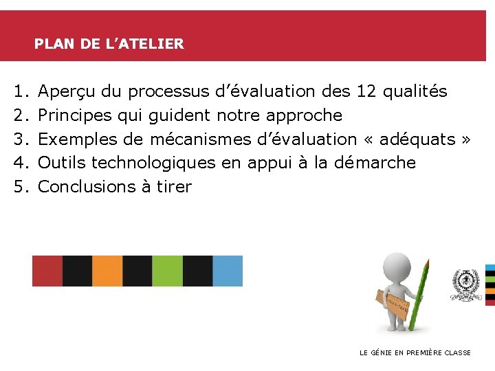 PLAN DE L’ATELIER 1. 2. 3. 4. 5. Aperçu du processus d’évaluation des 12