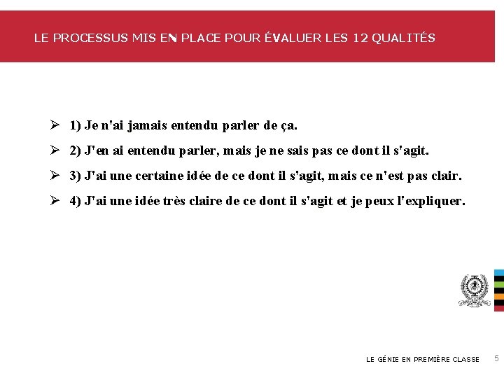LE PROCESSUS MIS EN PLACE POUR ÉVALUER LES 12 QUALITÉS Ø 1) Je n'ai