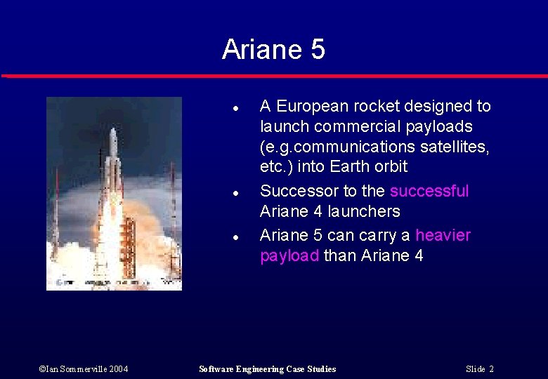 Ariane 5 l l l ©Ian Sommerville 2004 A European rocket designed to launch Ariane 5 l l l ©Ian Sommerville 2004 A European rocket designed to launch