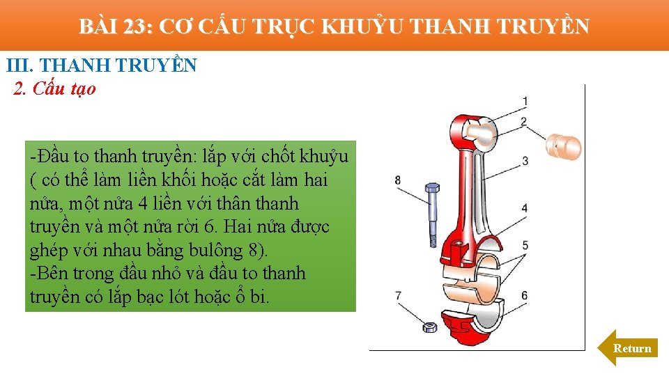 BÀI 23: CƠ CẤU TRỤC KHUỶU THANH TRUYỀN III. THANH TRUYỀN 2. Cấu tạo