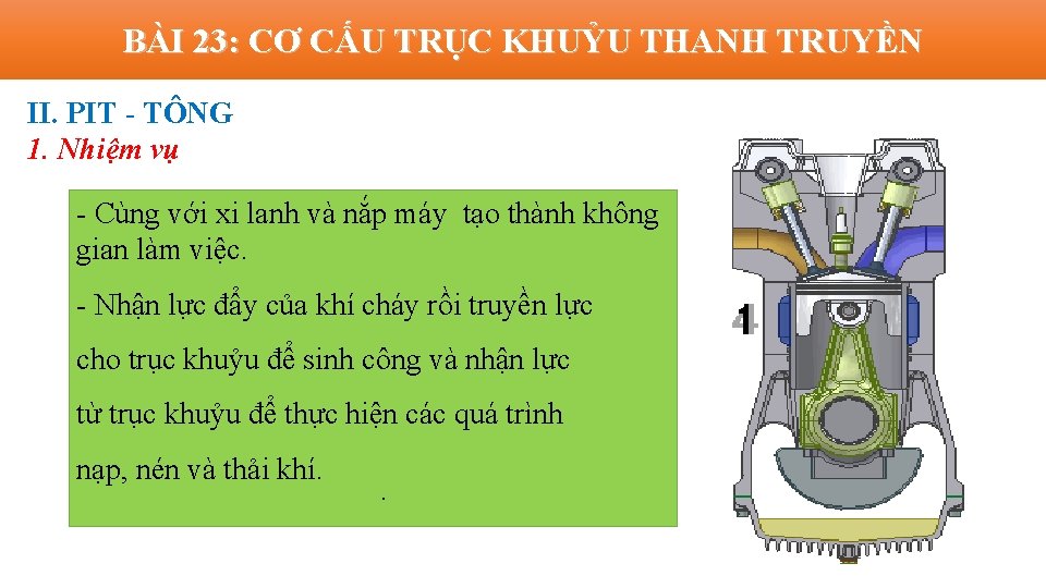 BÀI 23: CƠ CẤU TRỤC KHUỶU THANH TRUYỀN II. PIT - TÔNG 1. Nhiệm