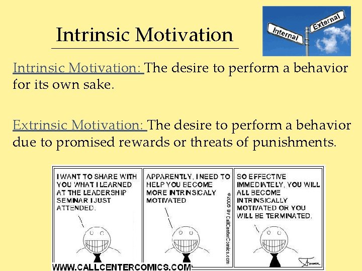 Intrinsic Motivation: The desire to perform a behavior for its own sake. Extrinsic Motivation: