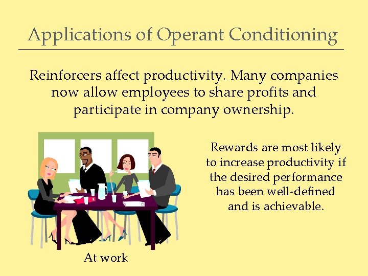 Applications of Operant Conditioning Reinforcers affect productivity. Many companies now allow employees to share