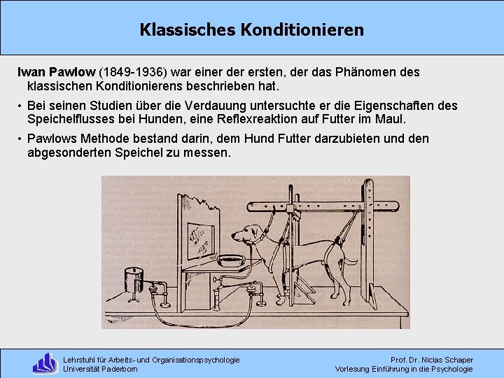 Klassisches Konditionieren Iwan Pawlow (1849 -1936) war einer der ersten, der das Phänomen des