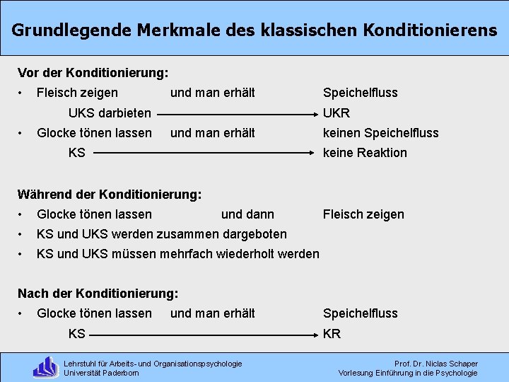 Grundlegende Merkmale des klassischen Konditionierens Vor der Konditionierung: • Fleisch zeigen und man erhält