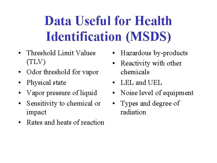 Data Useful for Health Identification MSDS Threshold Limit