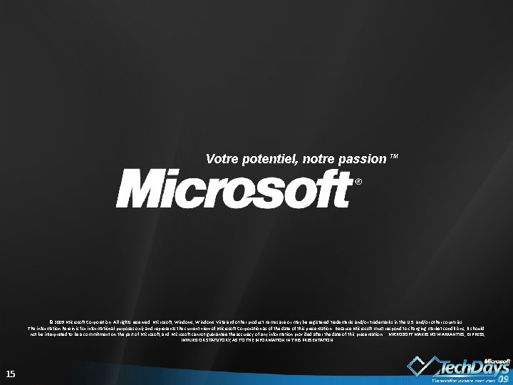 Votre potentiel, notre passion TM © 2009 Microsoft Corporation. All rights reserved. Microsoft, Windows