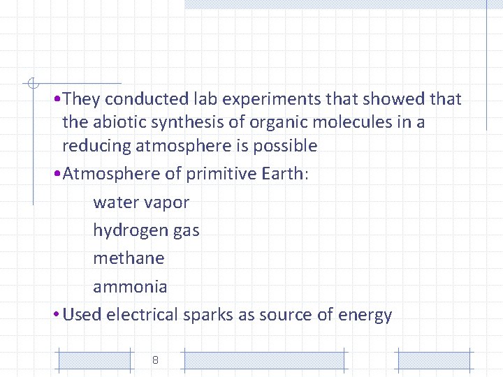  • They conducted lab experiments that showed that the abiotic synthesis of organic