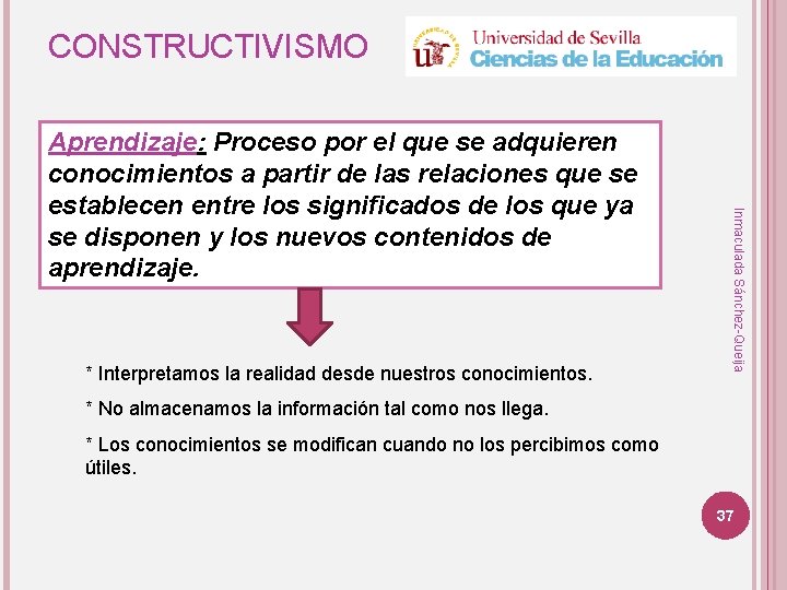 CONSTRUCTIVISMO * Interpretamos la realidad desde nuestros conocimientos. Inmaculada Sánchez-Queija Aprendizaje: Proceso por el